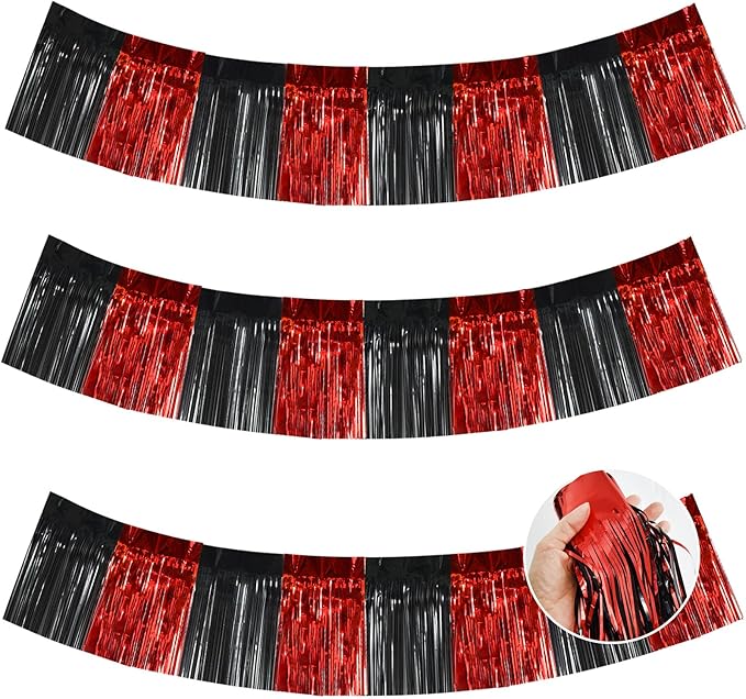 BEISHIDA 3 Packs Metallic Foil Fringe Garland Red Black Wall Hanging Tinsel Fringe Banners for Car Floats Bridal Shower Wedding Birthday Easter Graduation Holiday Party Decoration(30 Feet)
