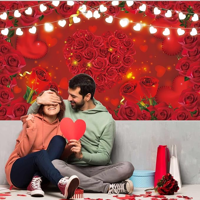 Red Rose Flowers Backdrop Floral Heart Light Photography Background Hanging Banner Decoration for Wedding Anniversary Mother's Birthday Party Supplies 72.8 * 43.3in