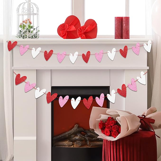 Tifeson 4 Pack Glitter Heart Garland Banner, NO DIY, Valentine's Day Decorations, Red Pink White Paper Heart Banner for Valentines Home Mantle Wall Table Wedding Engagement Anniversary Galentines Decor