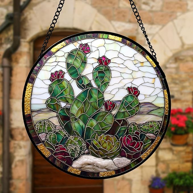 Stained Glass Window Hanging,Green Cactus Purple Flowers Suncatcher Diamond Glass Panel Sun Catchers Decor for Birthday for Women, Men, Wife, Aunt, and Mom 6.3 in