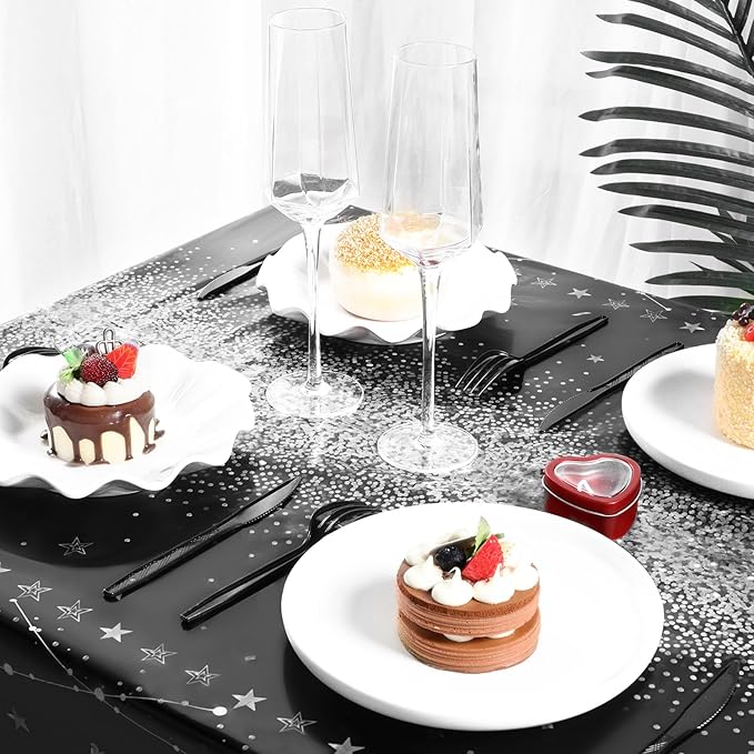 Tudomro 3 Pcs Happy Birthday Tablecloths Happy Birthday Party Decorations Plastic Table Cover Rectangular Cloths for Women Men Baby Shower Party Supplies, 108 x 54 Inch (Black Silver)