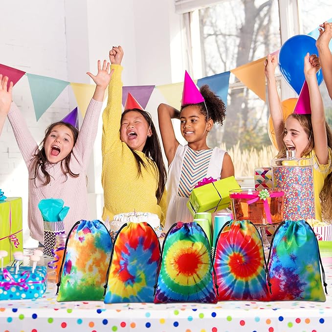24 Pcs Tie Dye Party Favor Bags Drawstring Birthday Gift Bag Candy Goodie Treat Bag Colorful Snacks Bag, Polyester Wrap Bags for Retro Tye dye Beach Party Decor School Supplies (9.8 x 7.1 Inch)