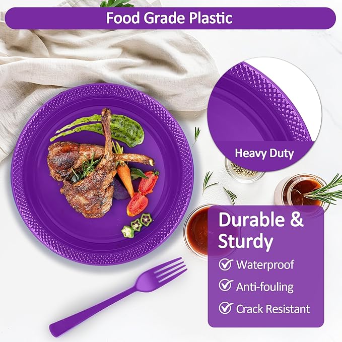 200pcs Purple Plastic Plates Party Supplies, Disposable Purple Party Plates, 50 of Each 9" Dinner Plate, Napkins, Cups & Cutlery Dinnerware Party Decorations for Graduations, Birthday, Wedding