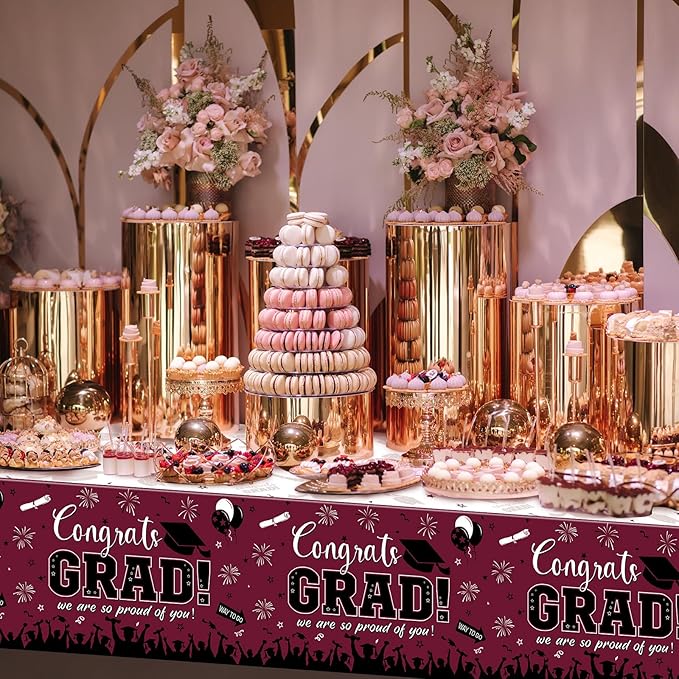 12Pack Graduation Tablecloth Party Decorations, Class of 2026 Congrats Grad Plastic Tablecover Party Supplies, Maroon Rectangle Graduation Table Decorations for College High School Party, 54 x 108Inch