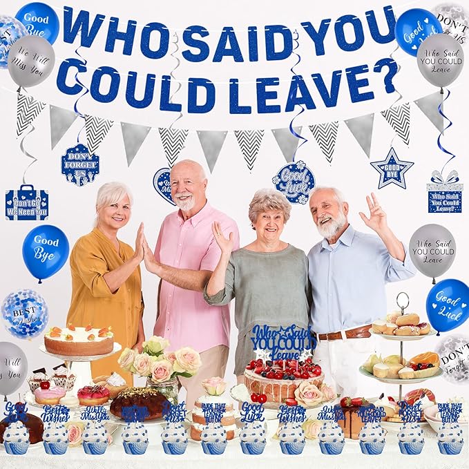 Roetyce Farewell Party Decorations, Blue Silver Who Said You Could Leave Banner Cake Toppers Balloons Hanging Swirls, Going Away Retirement Leaving Party Decorations, Coworker Goodbye Party Supplies