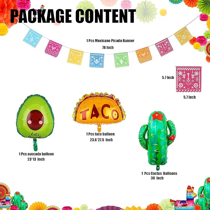 40 Pcs Fiesta Letter Banner Balloons Jumbo Mexico Taco Llama Cactus Avocado Mylar Foil Balloon Birthday Mexican Fiesta Theme Latex Balloon Party Decorations