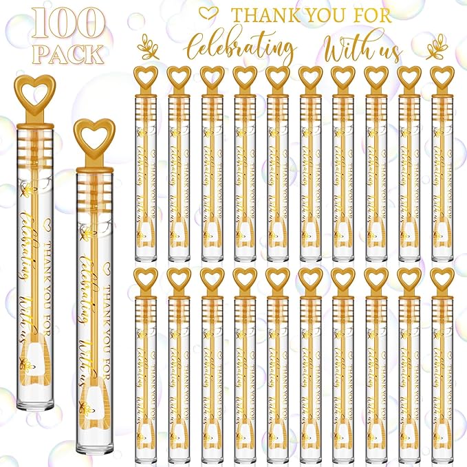Shappy 100 Pcs Wedding Bubble Bulk Wedding Party Favors Bubble Wand for Guests Send Off with Stickers for Bridal Shower Anniversaries Celebration Goody Bag Stuffers Filler (Gold Heart)