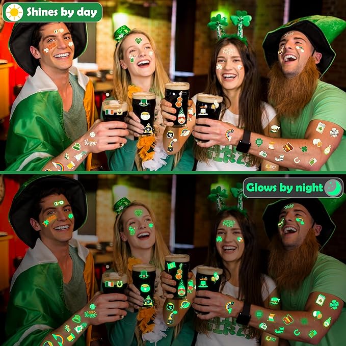 99 Pcs St Patricks Day Tattoos, 12 Sheet Luminous St Pattys Tattoos Saint Clover Accessories Temporary Tattoos Glow in the Dark Irish Shamrocks Decorations for Home Saint Patricks Gifts