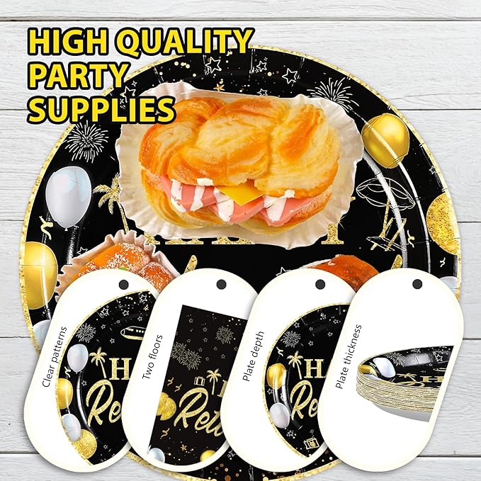 Grencian 96Pcs Happy Retirement Party Supplies Black Gold Plates and Napkins Retirement Tableware Sets Disposable Decoration for Men Birthday Farewell Graduations Going Away Party Serve 24
