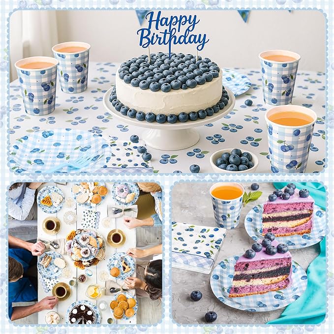Honeydak 210 Pcs Blueberry Party Supplies for 30 Guests, Includes Plates, Cups, Napkins, Cutlery - Blueberry Checked Birthday Tableware Decorations for 1st Birthday, Summer Fruit Party
