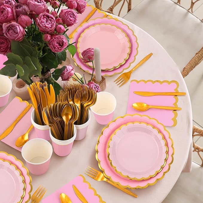 Kochorie 140 PCS Pink Plates and Napkins Party Supplies for 20 Guests Disposable Light Pink Paper Plates Set Includes Pink Scalloped Plates Napkins Cup Cutlery Set for Baby Shower Birthday Wedding