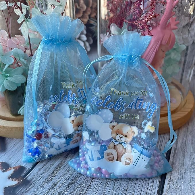 LXKBD 50PCS Organza Bags for Baby Shower Party Favor,4x6 Inch Small Blue Sheer Drawstring Mesh Pouch for Boy Birthday Gift Bag