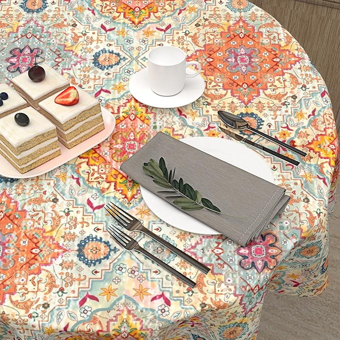 Boho Round Tablecloth Colorful Bohemian Circle Table Cloth 60 Inch Vintage Rustic Farmhouse Table Cover Washable Polyester Indoor Decorations for Home Kitchen Dinning Party