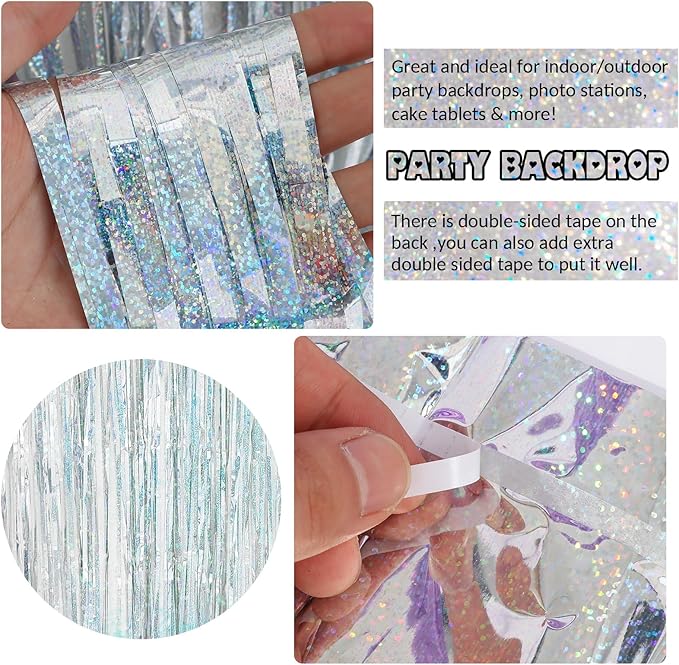 2 Pack Birthday Decoration, Silver Party Fringe Backdrop Decor Tinsel Foil Curtain Door Backdrop Banner Photo Booth Streamer for Birthday Wedding Baby Shower Bachelorette Disco Party