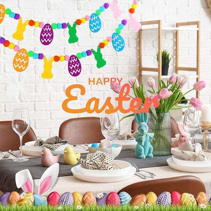 Breling 3 Pieces Easter Felt Garland 10 ft Colorful Felt Pom Pom Ball Garland Bunny Eggs Easter Banner Decorations for Mantle Fireplace Room Hanging Decor