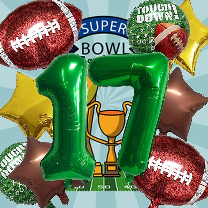 Football Balloons Foil Football Birthday Decorations Balloons Green Number 17 Balloon Gold Brown Star Touchdown Ballons for Rugby Birthday Decorations Sports Ballons Arch Kits Party Balloon Sets 10pcs