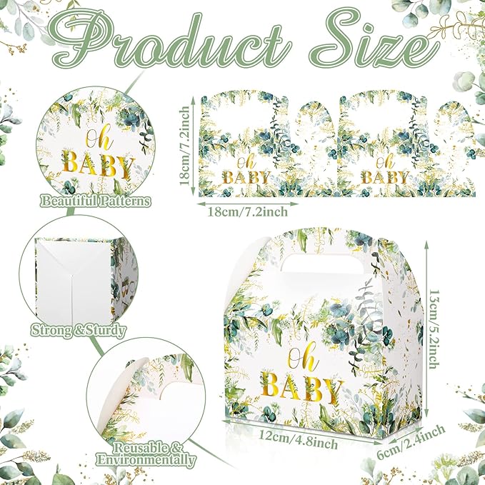 Nezyo 24 Pcs Baby Shower Party Favor Boxes Sage Green Goodie Bags for Guests, Baby Shower Paper Boxes with Eucalyptus Leaves for Gender Reveal Return Guest Gifts, 4.7 x 2.4 x 5.1 Inch