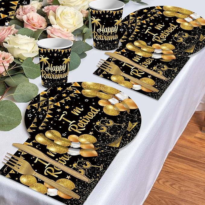 144PCS Happy Retirement Party Supplies Black Gold Retirement Tableware Set Retired Party Decorations Including Paper Plates Napkins Cups Forks Serve 24 for Men Women