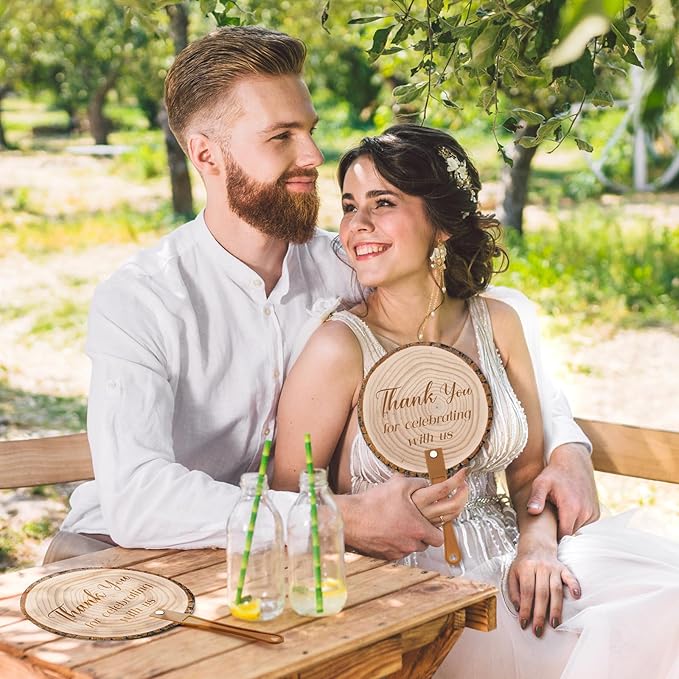 100 Pcs Wedding Hand Fans for Guests Bulk Decorative Plastic Handheld Wedding Favor Fans with Handle Thank You for Celebrating with Us for Ceremony Bridal Shower Party Decor (Tree Bark)