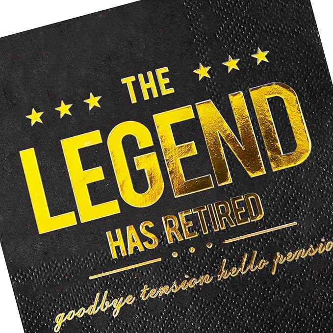 The Legend Has Retired Cocktail Napkins, 50 Pack 3-Ply Retirement Party Decorations Supplies, Black & Gold Disposable Napkins for Farewell,Coworker Goodbye & Going Away Celebration (5"x5")