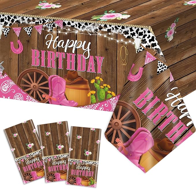 3 Pcs Western Cowgirl Birthday Party Tablecloth 108 x 54 Inch Cowgirl Theme Tablecover Plastic Cowboy Rodeo Table Cloth West Theme Party Decoration and Supplies for Girl Birthday Baby Shower Party