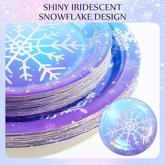 Kochorie 175 Pieces Frozen Iridescent Winter Snowflake birthday Party Supplies Frozen Disposable Party Tableware Set Paper Plates Napkins Cups for Christmas Winter Wonderland Decorations, Serve 25