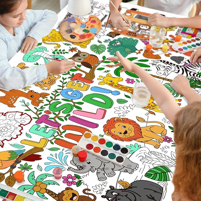 Safari Jungle Party Coloring Poster, 31.5x72" - Ideal as Safari Birthday Decorations, Kids' Coloring Table Cloth, Jungle Tablecloth for School Party & Special Events