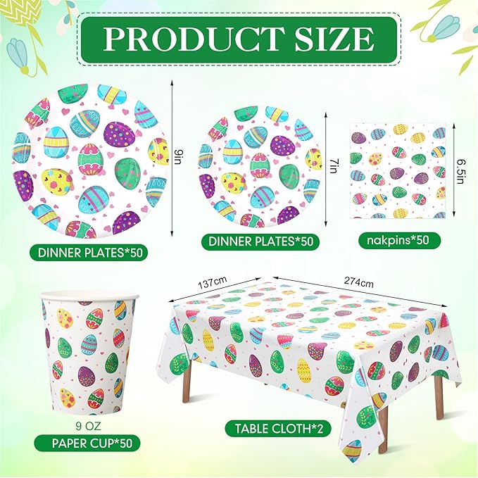 Layhit 202 Pcs Easter Party Supplies Set for 50 Guests, 9" Bunny Egg Dinner Plates 7" Dessert Plate and Napkin 9 oz Paper Cup 2 Pcs Plastic Tablecloth Disposable Tableware for Spring Party Favor