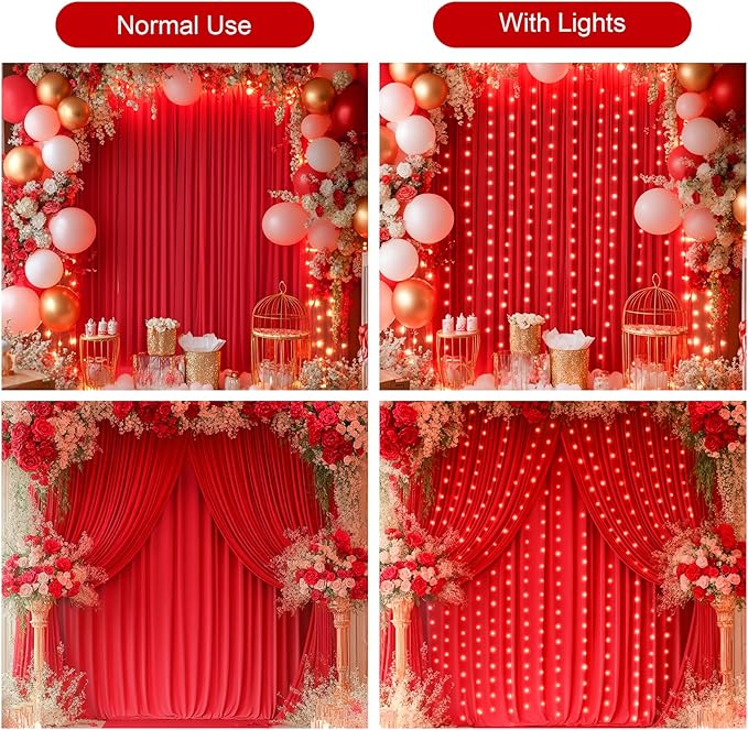 20x10FT Red Backdrop Curtains with Lights for Parties,Wrinkle Free Wedding Photo Backdrop Curtains for Valentines Baby Shower Birthday Ceremony Reception Home Party Decorations-5ft x 10ft,4 Panels