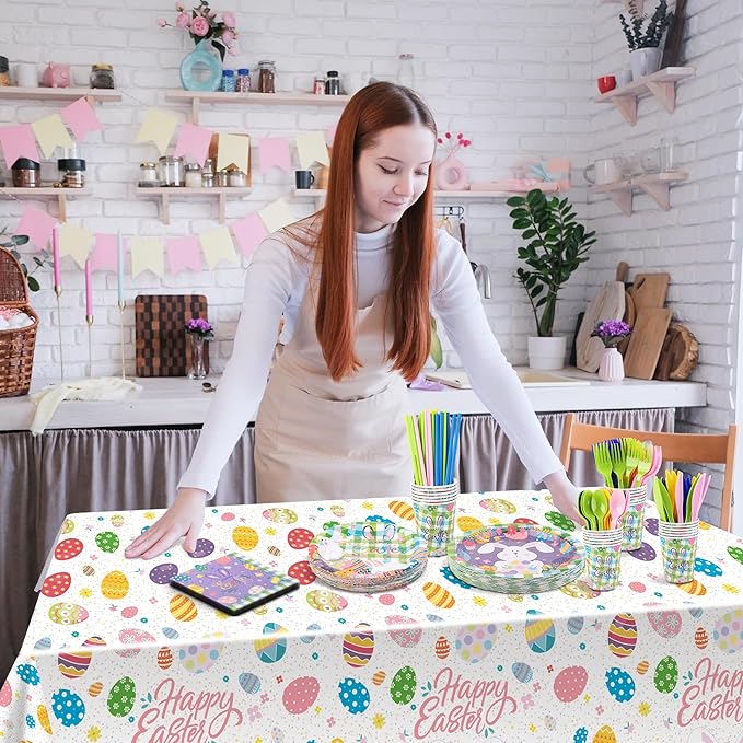 Kochorie 194 Pcs Colorful Easter Tableware Set Bunny Egg Dinnerware Supplies Include Paper Plates Napkins Cups Cutlery Tablecloth for Spring Easter Party Decoration, Serves 24 Guests