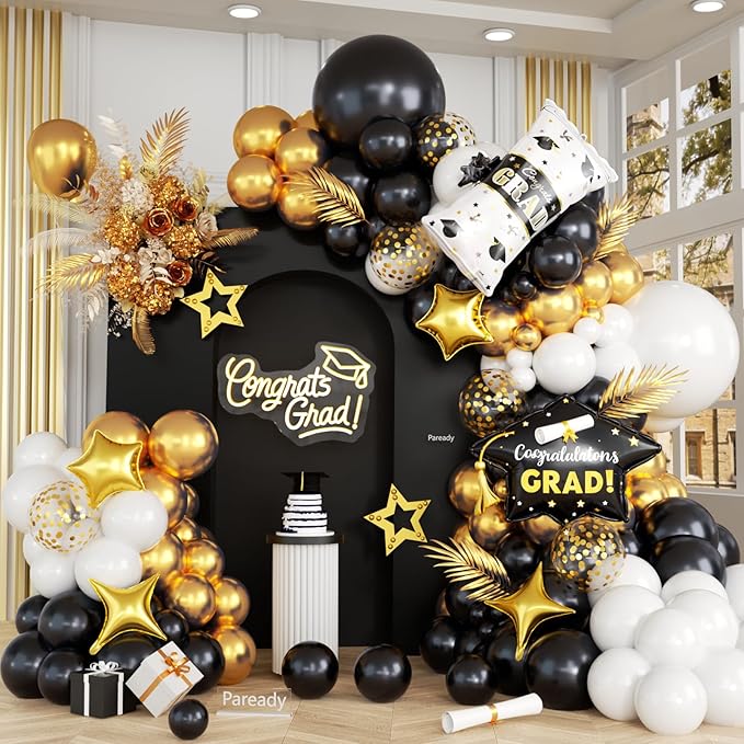 Black Gold Balloons Arch Kit, Black White Gold Balloon Arch with Grad Cap Star Graduation Certificate Foil Balloon, Golden Confetti Balloons for 2026 Graduation Decoration Birthday Anniversary Party