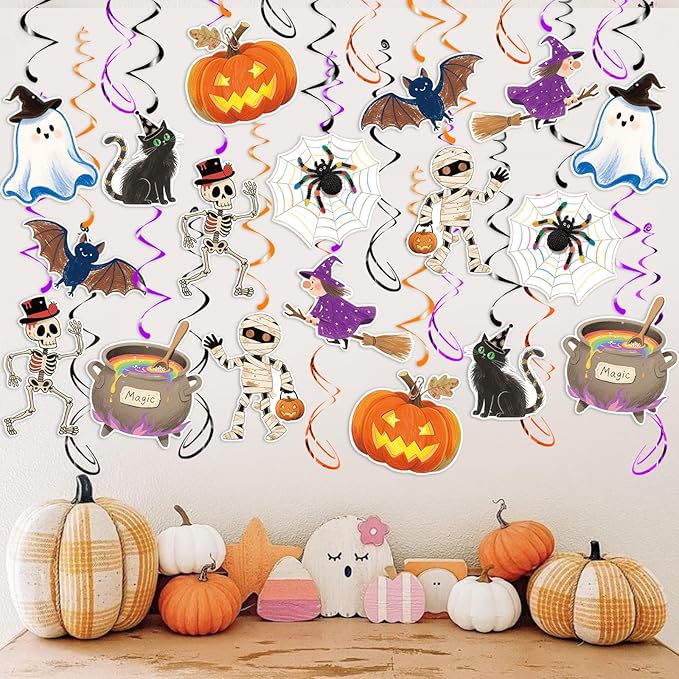 Halloween Hanging Swirls, 48Pcs Halloween Ceiling Hanging Decorations Ghost Pumpkin Witches Swirls Streamers for Indoor Outdoor Party Supplies