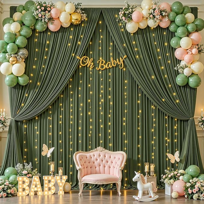 20 x 10ft Hunter Green Backdrop Curtains with Lights String Polyester Photo Backdrop Drapes Wrinkle Free Dark Green Long Curtain for Birthday Party Wedding Reception Baby Shower Ceremony-10 x 5ft x 4P