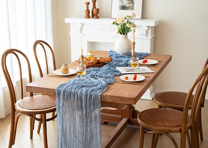 FEXIA 6 Pack Dusty Blue Table Runner 35x120 Inches Gauze Table Runner for Bridal Shower Wedding Party First Communion Centerpiece Engagement Boho Table Decoration (Dusty Blue)