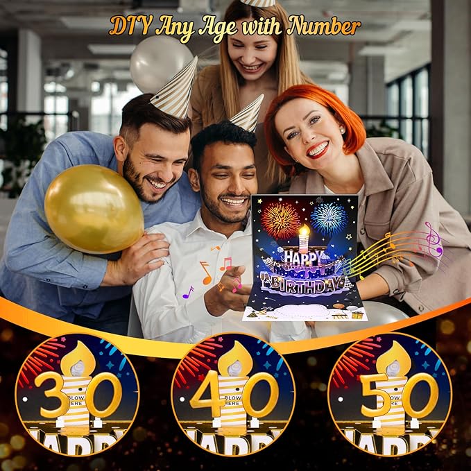 INPHER UPGRADED DIY Age Birthday Cards Fireworks Pop Up Cake Light and Music Black and Gold Happy Birthday Card Gift for Husband, Men, Women, Mom, Grandma