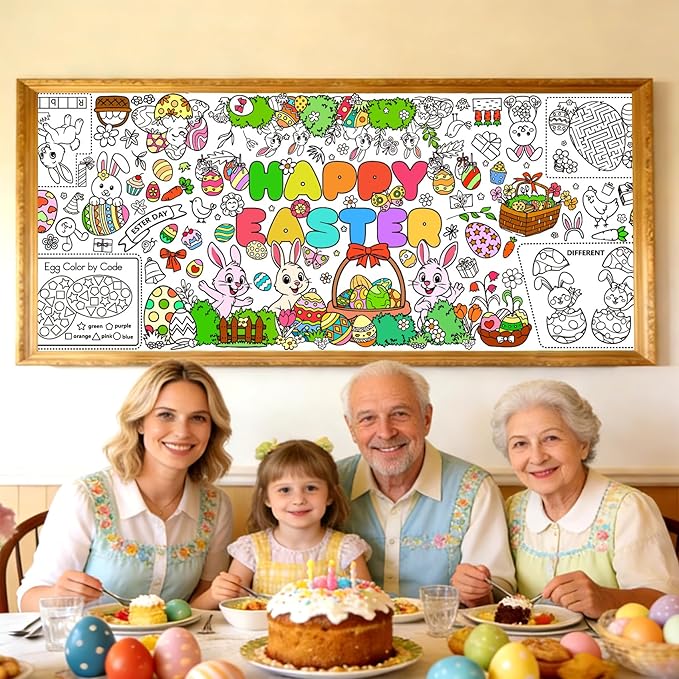 Easter Coloring Tablecloth/Poster, Easter Crafts for Kids, 72" x 30" Giant Paper Coloring Table Cloth Banner for Gifts Games Activities Party Decorations, Fun DIY Art Easter Party Supplies for Family