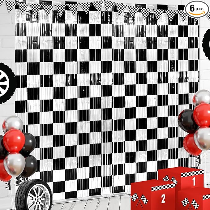 6 Pack 3.3Ft x 6.6Ft Race Car Checkered Foil Fringe Curtain Backdrop Decorations, Black White Metallic Tinsel Foil Streamers Curtain Photo Booth for Race Car One Happy Dude Birthday Party Decorations
