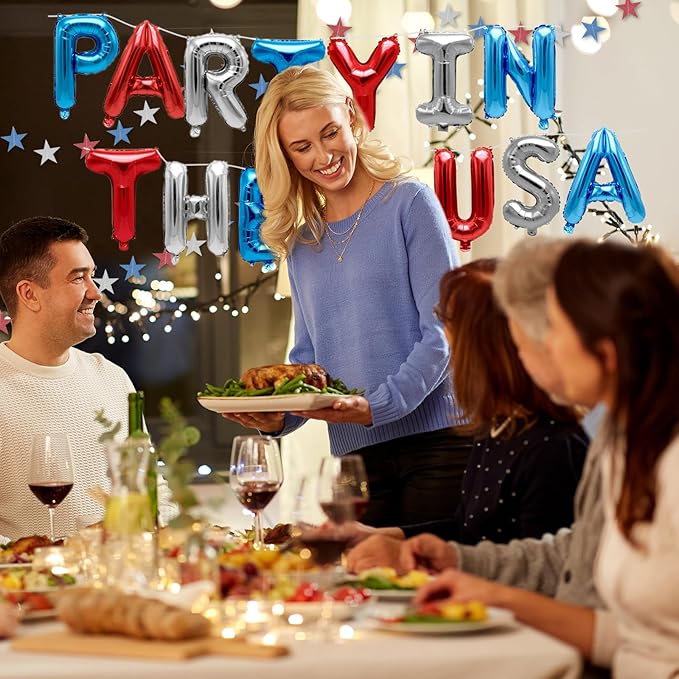 4th of July Decorations Stars Set, Red White Blue Star Streamers, "Party in the USA" Balloons for Patriotic Memorial Veterans Labor Independence Day Decor