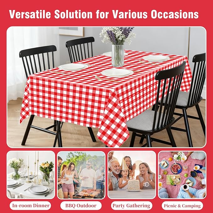 Oigco Red and White Checkered Tablecloths - 3 Pack 54" × 108" Rectangle Disposable Plastic Red Gingham Tablecloth, Picnic Table Cover for Party, Wedding, Birthday Christmas Decor