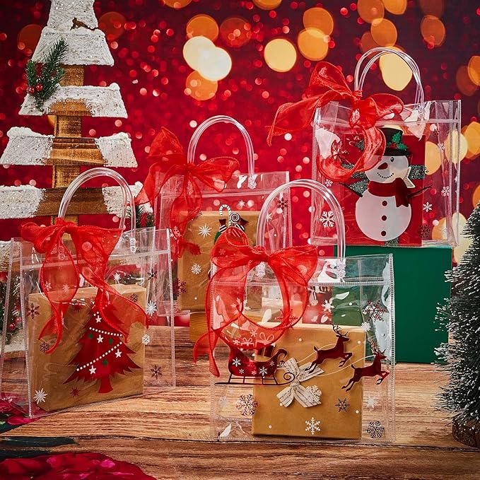 Henoyso 12 Pcs Christmas Clear Gift Bags Plastic Candy Treat Goodie Bags Red Foil Santa PVC Wrap Totes with Handles and Ribbon Xmas Party Favors (Snowman and Christmas Tree,7.8 x 7.8 x 3.1 Inch)