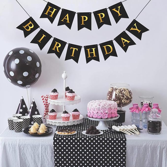 Black Happy Birthday Banner Birthday Party Banner NO DIY Happy Birthday Sign Metallic Gold Pre-Strung Birthday Hanging Decoration for Women Men Girl Boy Party Supplies (Black)