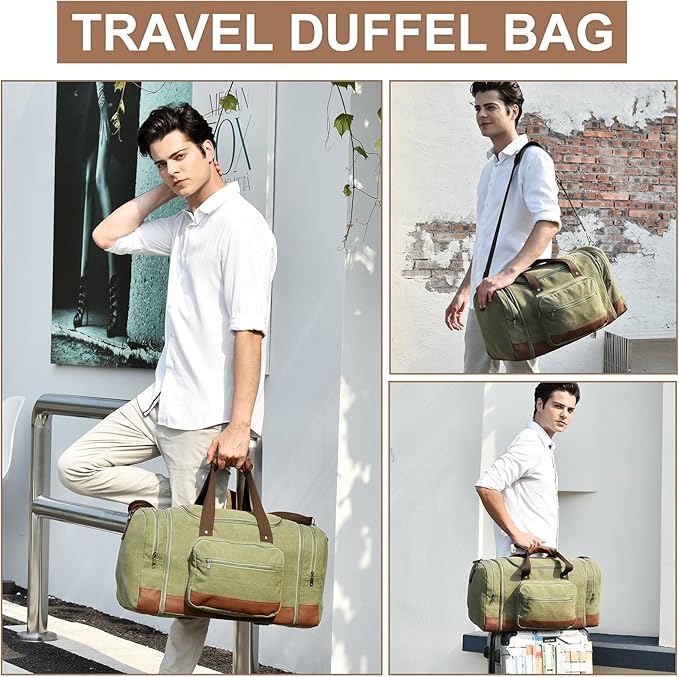 Litvyak Duffle Bag for Travel, Canvas Travel Duffel Bags Overnight Weekend Gym Carry On Luggage Bag for Men & Women (Army Green+Toiletry Bag, 50L)