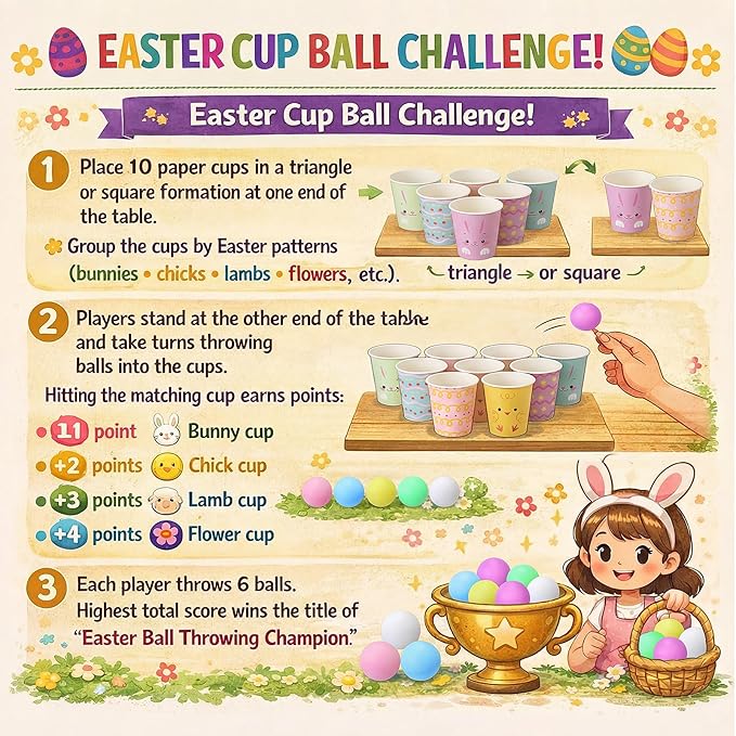 Easter Throwing Toss Game for Family 50 Bunny Paper Cups 24 Colorful Balls Easter Activities Spring Carnival Throwing Toss Game for Gatherings Outdoor Indoor Prize Party Supplies