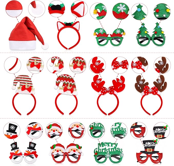 18 Pcs Christmas Glasses Glitter Headbands Hats Set, Hair Hoop Eyewear Eyeglasses Frame Santa Hat Photo Props for Adults Christmas Party Favors Holiday Photos Booth