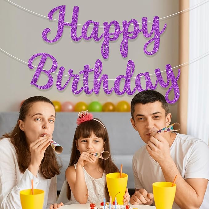 Glitter Happy Birthday Banner Sig Birthday Garland Wall Door Banners Flag for Women Men Boys Girls Party Backdrop Decorations Purple