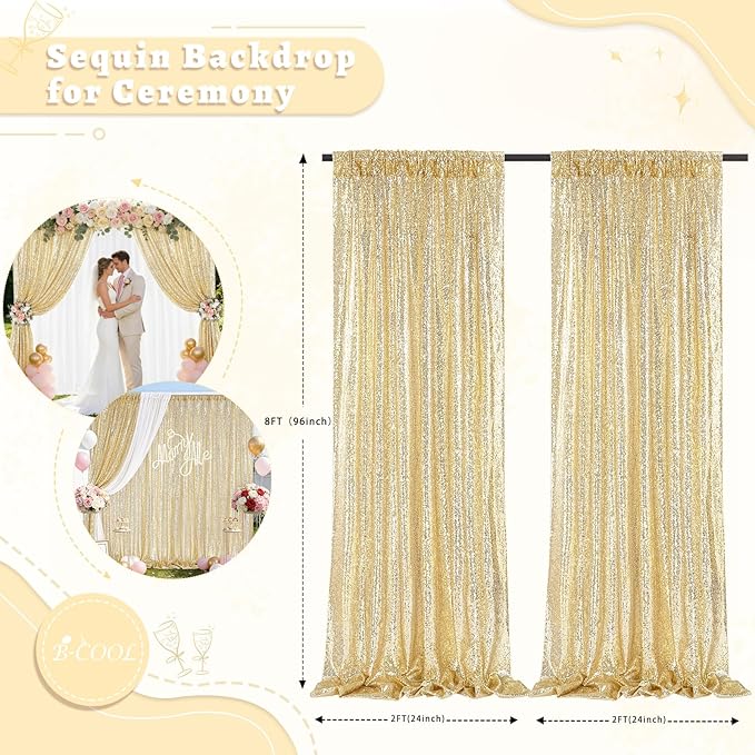 B-COOL Light Gold Sequin Backdrop Curtains 2 Packs 2ftx8ft Sparkle Backdrop Fabric Glitter Backdrop for Party Ceremony Wedding Birthday Decoration