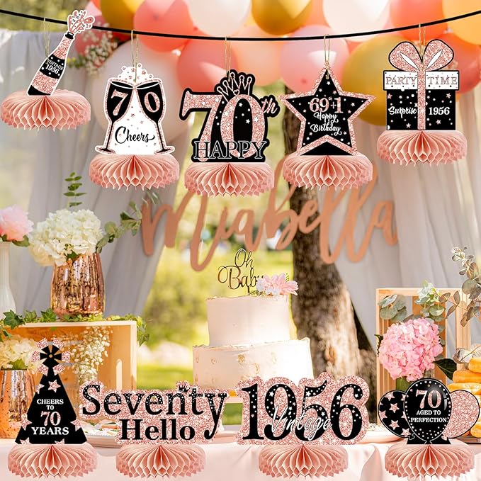 9Pcs 70th Birthday Decorations Honeycomb Centerpieces for Women, Rose Gold Pink Happy 70th Birthday Centerpieces Tables Toppers Party Decorations Supplies, Vintage 1956 Aged Table Sign Decor