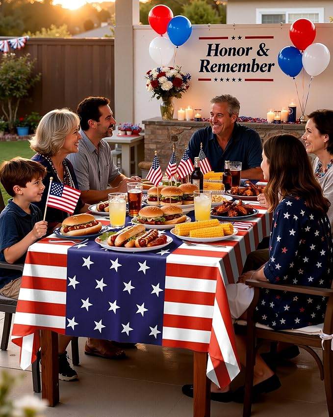 Pureegg 4th of July Decorations USA 250th Anniversary Plastic Tablecloth 6 Pack, Patriotic American Flag Waterproof Table Cover 54 x 108 Inch for Independence Day BBQ Picnic Party