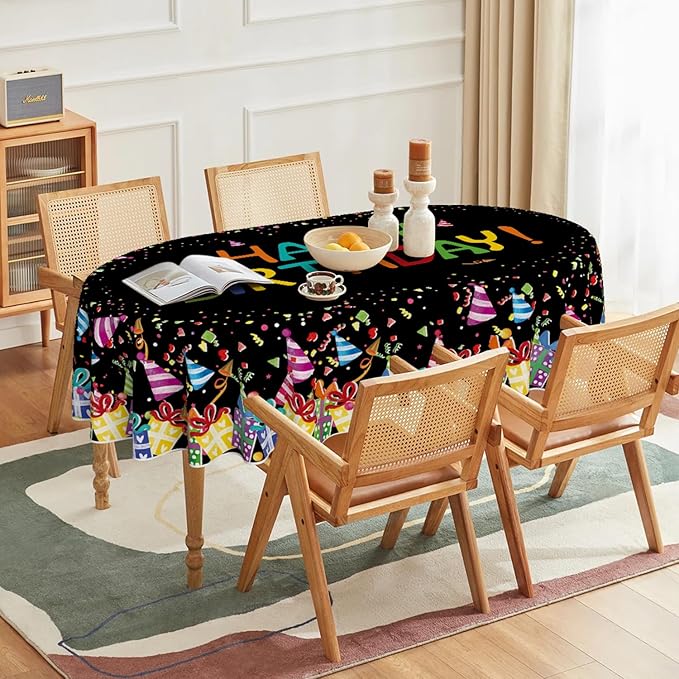 Horaldaily Birthday Tablecloth 60x84 Inch Oval, Happy Birthday Ballon Black Washable Seasonal Table Cover for Party Picnic Dinner Decor