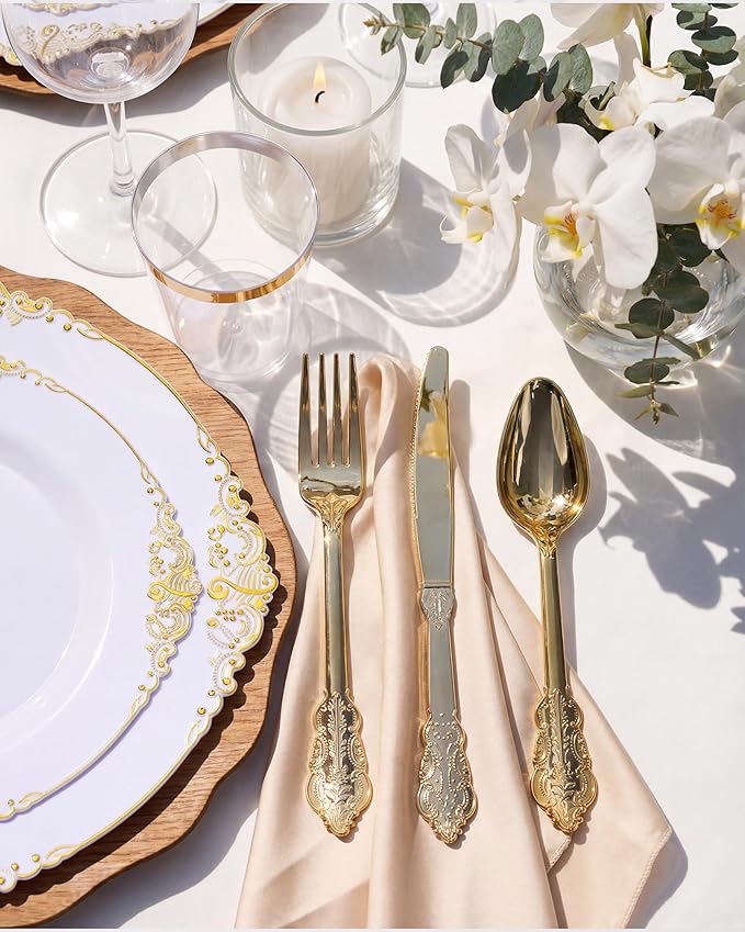 Nervure 350PCS Gold Plastic Plates - Gold Plastic Dinnerware Sets for 50 Guests - 100 Disposable Plates, 150 Silverware, 50 Cups, 50 Napkins for Wedding & Party